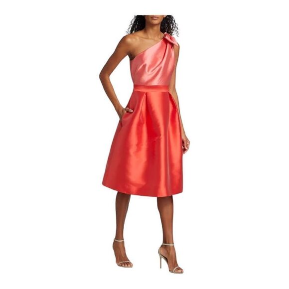 Teri Jon One Shoulder Colorblocked Satin Cocktail Dress Size 6 - Picture 1 of 13